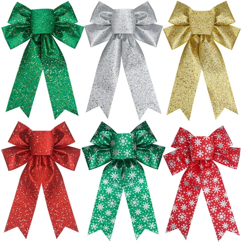 Glitter Large Christmas Bow Ornament Sparkling Star Snowflake Butterfly Bow Decoration For Xmas Tree Topper Party Holiday Gift Box