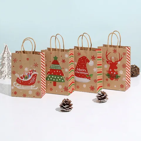Sacs Cadeaux De Noël En Papier Kraft Sacs À Main Avec Poignées Motifs Renne Flocons De Neige Sapin Fête De Vacances