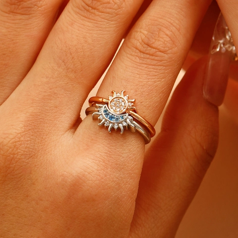 Celestial Sun And Moon Matching Couple Rings Set Adjustable Gold Silver Plated Copper Rhinestone Open Rings Jewelry For Couples