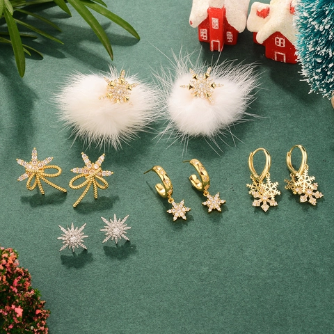 Orecchini Fiocco Di Neve Natale Con Pelliccia Sintetica E Perno Argento Sterling 925 Lega Zircone Gioielli Inverno Donna