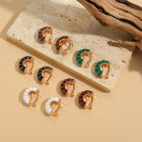 Orecchini a Cerchio Francese Vintage a Forma di C Smalto Rame Placcato Oro 14K Piccoli Orecchini Geometrici per Gioielli da Donna