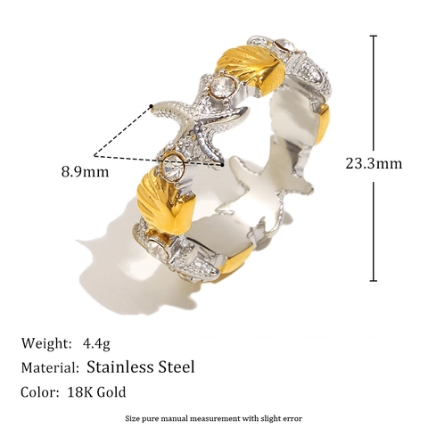 Seestern Muschel Ring Edelstahl 18K Vergoldet Zweifarbig Zirkonia Marine Ozean Strand Schmuck Für Damen