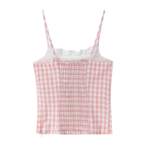 Canotta Rosa A Quadretti Gingham Top Con Spalline Pizzo Volant Schiena Arricciata Spalline Regolabili Per Donna