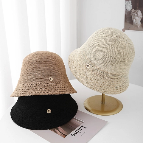 Hollow Knit Bucket Hat Summer Breathable Sun Protection Straw Style Cloche For Women
