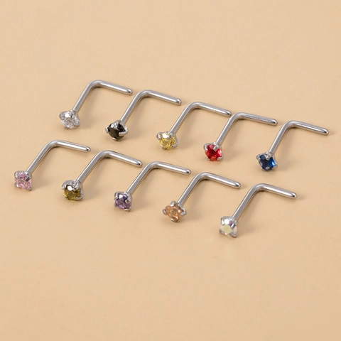 Nose Studs Stainless Steel Cubic Zirconia L-Shaped Four Prong Set Body Piercing Jewelry For Women And Men Colorful