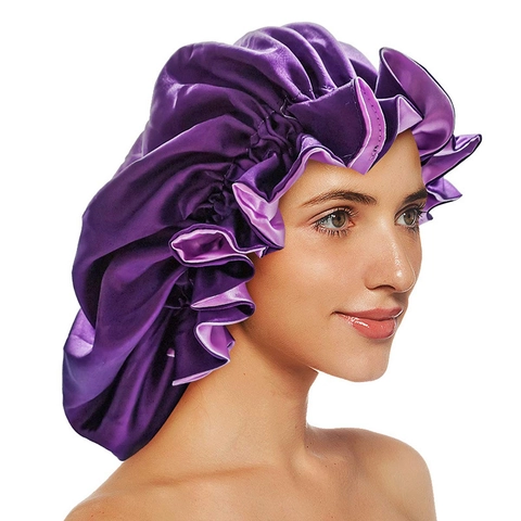 Gorro de Dormir de Satén de Doble Capa Grandes Volantes Suave Tacto de Seda Gorro de Cuidado del Cabello Mujer Quimioterapia
