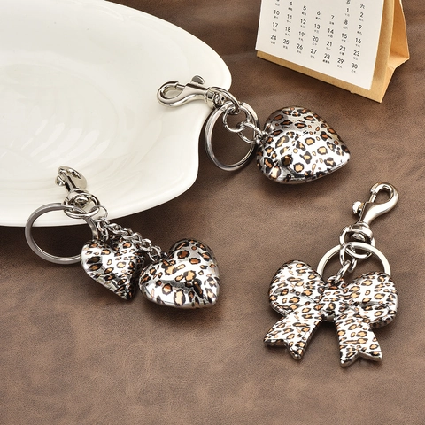 Leopard Print Metal Keychain Bow Heart Shape Fashion Bag Pendant Charm Accessory For Women