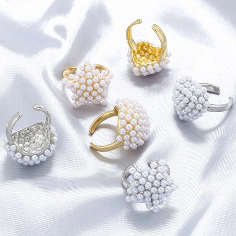 Anello Aperto in Rame Elegante Francese Con Grappolo di Perle Artificiali Forma Cuore Stella Ovale Anello Regolabile Vintage Gioielli per Donna