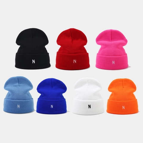 Trendy Knit Beanie Hat Acrylic Warm Ribbed Winter Cuffed Cap Embroidered Letter N Minimalist Casual Streetwear Unisex