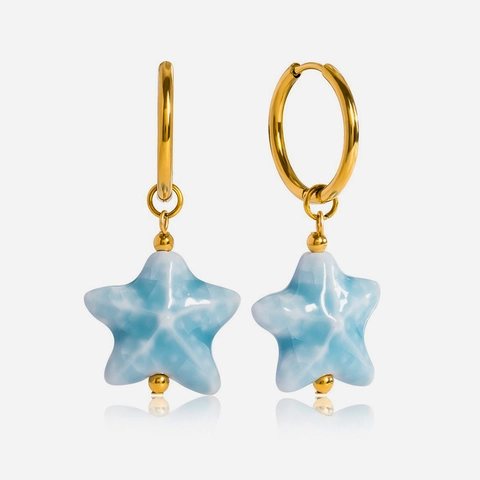 Seestern Anhänger Ohrringe Meeresstil Blaue Keramik Stern Charms 18K Gold Plattiertem Edelstahl Hoops Damen