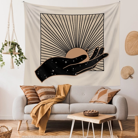 Arazzo Da Parete Bohemien Poliestere Mistico Sole Luna Stelle Mano Stampata Decorazione Della Stanza Estetica Per Camera