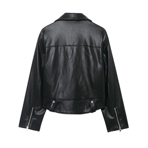Damen Bikerjacke Schwarz PU Leder Asymmetrischer Reißverschluss Revers Moto Mantel Langarm Taschen Klassische Mode