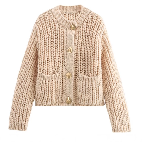 Women Chunky Knit Cardigan Sweaters Round Neck Long Sleeve Gold Button Pocket Casual Solid Color Outerwear