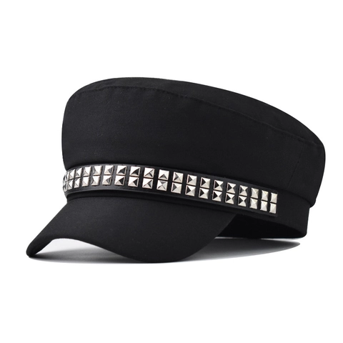 Damen Cadet Hat Retro Militär Kappe Mit Doppelter Reihe Silber Quadratischen Metall Nieten Punk Stil Baumwolle Baker Boy Baskenmütze