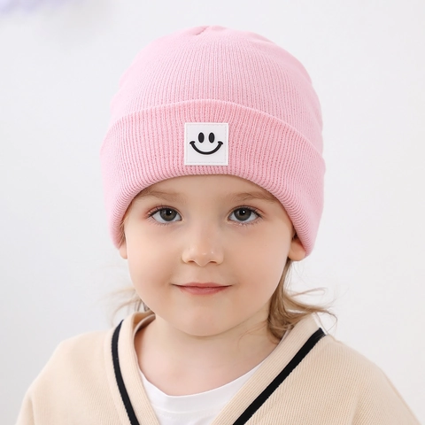 Soft Acrylic Knitted Beanie Hat For Toddlers Children Warm Winter Cap With Smiley Face Patch Folded Brim