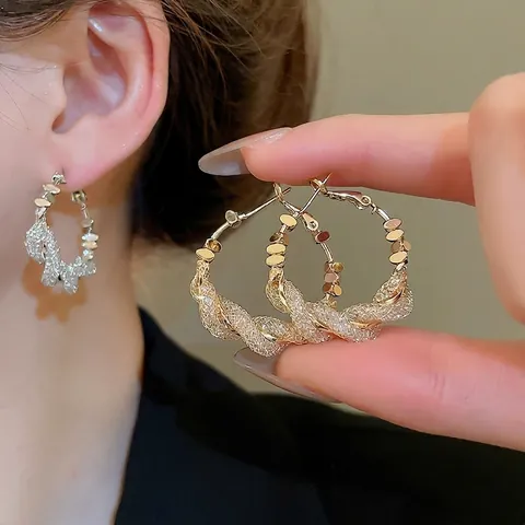 Boucles D'oreilles Créoles En Maille Torsadée Avec Zircon Base En Cuivre Et Tige En Argent Pour Femmes