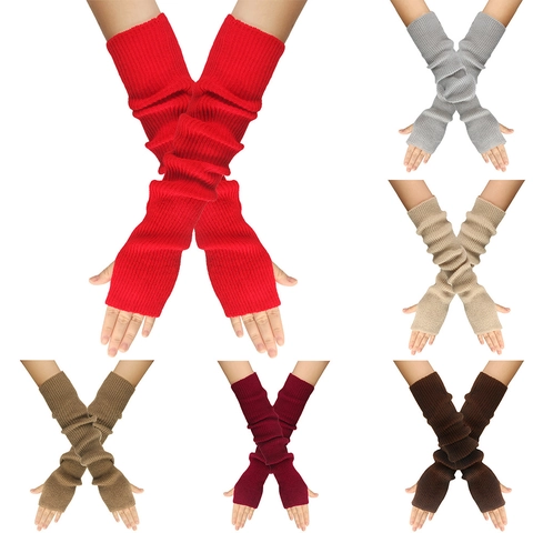 Long Arm Warmers Ribbed Knit Acrylic Fingerless Gloves Thumb Hole Thermal Elastic Solid Color Winter Fashion Accessory