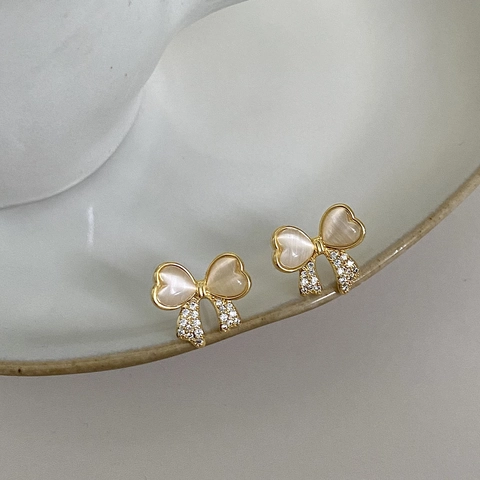Elegant Bowknot Flower Butterfly Stud Earrings For Women 925 Sterling Silver Post Copper Zirconia Cat Eye Stone Gold Jewelry