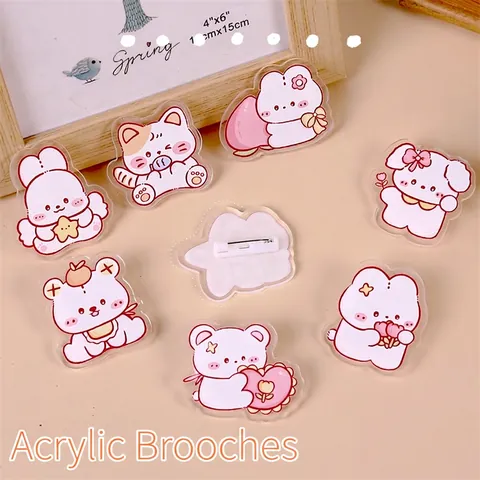Cute Cartoon Animal Acrylic Brooch Pin Kawaii Rabbit Bear Cat Badge For Clothes Bags Decoration Kids Gift