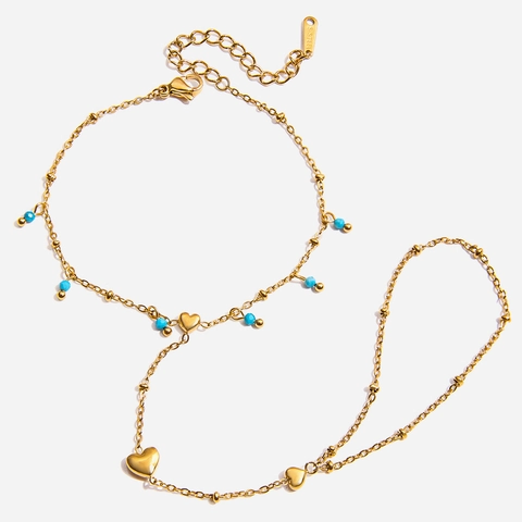 Stainless Steel Finger Bracelet Heart Charms Blue Natural Stone Beads Hand Back Chain Bohemian Jewelry For Women