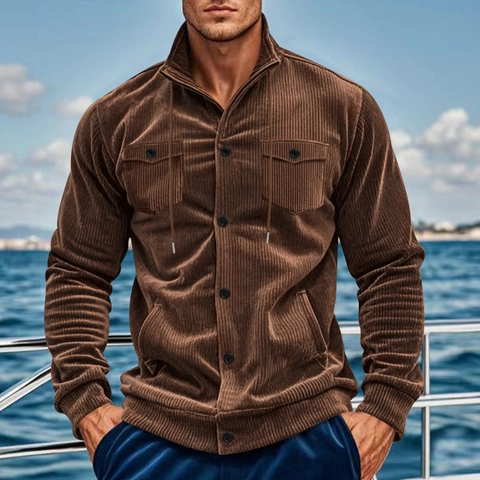 Men Corduroy Jacket Vintage Loose Work Outerwear Stand Collar Button Down Casual Pocket Decorative Coat Long Sleeve