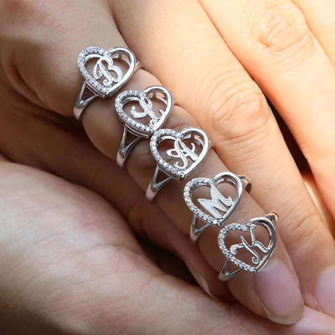 Mode Verstellbarer Kupfer Herz Ring Mit Glitzernden Strasssteinen Personalisierter Kursiver Englischer Buchstabe Offener Ring Damen