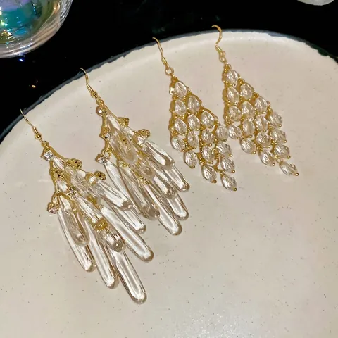 Water Drop Tassel Earrings Alloy Glass Crystal Rhinestone Long Dangle Chandelier Elegant Fashion Jewelry Women