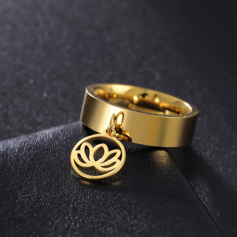 Korean Style Stainless Steel Hollow Lotus Flower Pendant Ring For Women Sweet Elegant Gold Silver Color Charm Ring Jewelry Gift