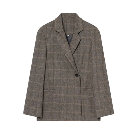 Blazer Vintage A Cuadros Para Mujer Chaqueta De Tweed De Espiga Cuello De Solapa Con Botonadura Sencilla Ropa Casual