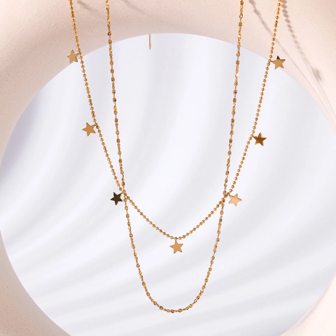 Double Layer Star Pendant Necklace Titanium Steel 18K Gold Plated Ball Chain Minimalist Jewelry For Women