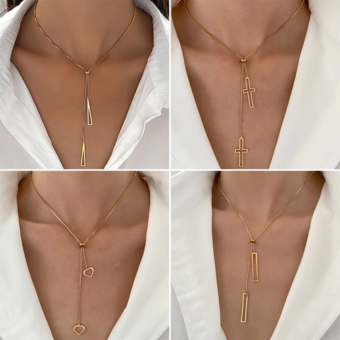 Minimalist 304 Stainless Steel Y Lariat Necklace With Adjustable Sliding Bead And Hollow Geometric Pendants For Women