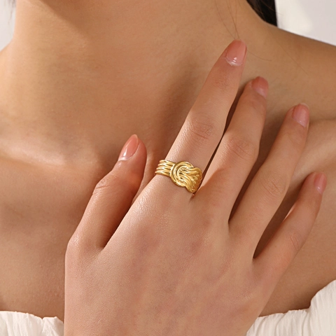 Stainless Steel 18K Gold Plated Ring Braided Twist Knot Wide Geometric Adjustable Open Rings For Women Fashion Jewelry