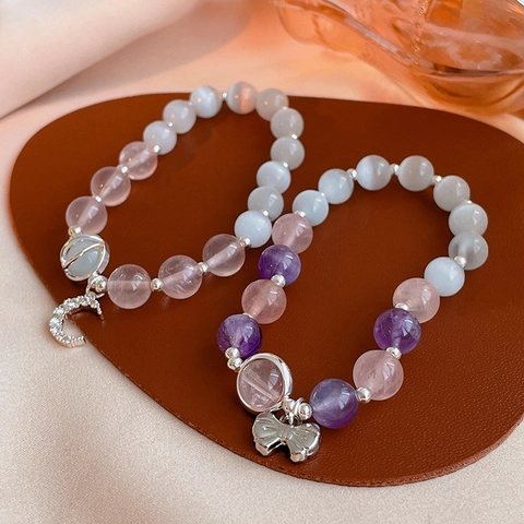 Bracciale Perline Cristallo Pietra Occhio Di Gatto Vintage Ciondolo Farfalla Luna Zirconia Elegante Francese Gioielli Elastici Donne