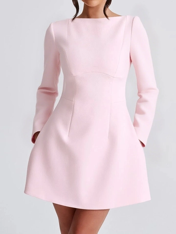 Women Elegant Solid Color Long Sleeve Mini Dress A-Line Slim Fit Boat Neck Polyester Elastane With Pockets