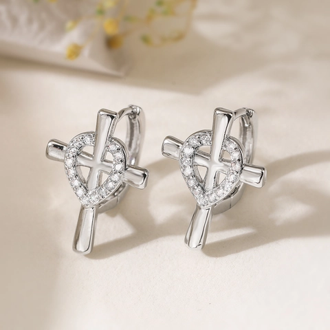 Orecchini a Cerchio in Rame Vintage con Cuore e Croce per Donna Placcati Oro Argento Intarsiati con Zirconi Gioielli di Moda