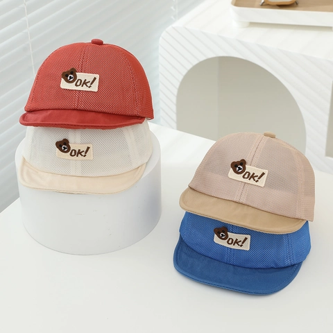 Baby Mesh Baseball Cap Breathable Sun Protection Polyester Cotton Cartoon Bear Patch Casual Toddler Infant Boys Girls