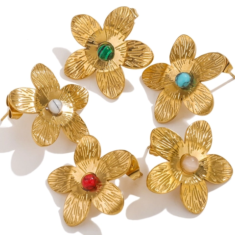 Vintage 18K Gold Plated Stainless Steel Flower Stud Earrings For Women With Artificial Pearl And Turquoise Inlaid Jewelry