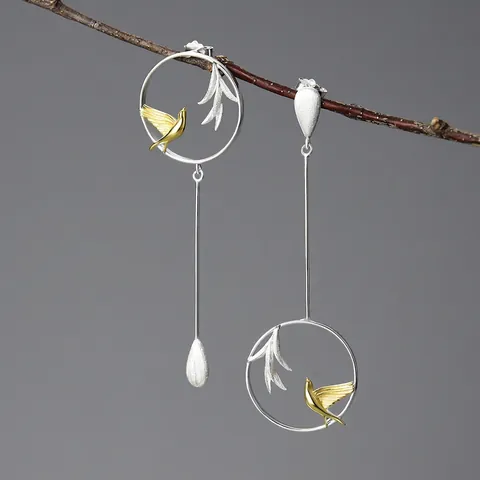 Handmade 925 Sterling Silver Asymmetrical Bird Bamboo Willow Leaf Drop Earrings Bicolor Chinese Style Women Jewelry