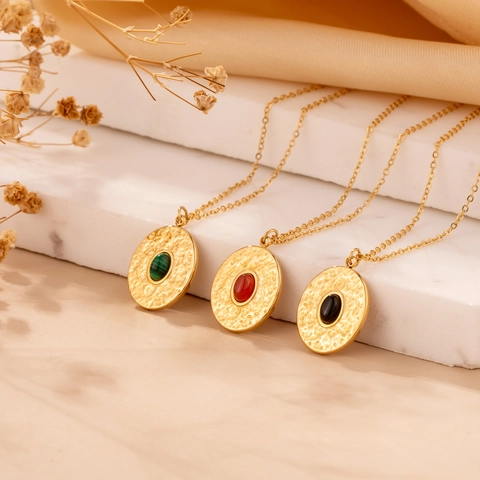 Collar Con Colgante de Ojo de Tigre de Acero Inoxidable Vintage Para Mujer Chapado en Oro Redondo Textura Martillada Piedra Ovalada Joyería de Moda