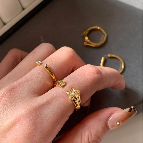 Copper Star Open Ring Real Gold Plated With Round Zircon Adjustable Fashion Finger Jewelry For Women Minimalist Chic
