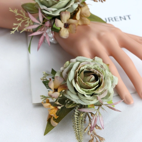 Wedding Boutonniere And Wrist Corsage Artificial Satin Rose With Artificial Pearls For Groom Bride Prom Party Decor