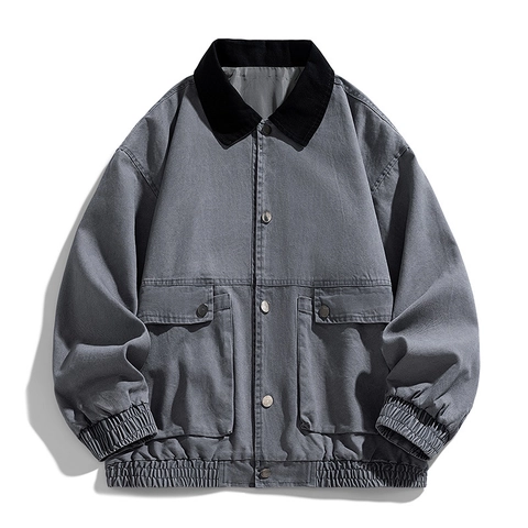 Men Workwear Jacket Cotton Coat Japanese Vintage Loose Fit Plus Size Turn-Down Collar Snap Buttons Cargo Outerwear