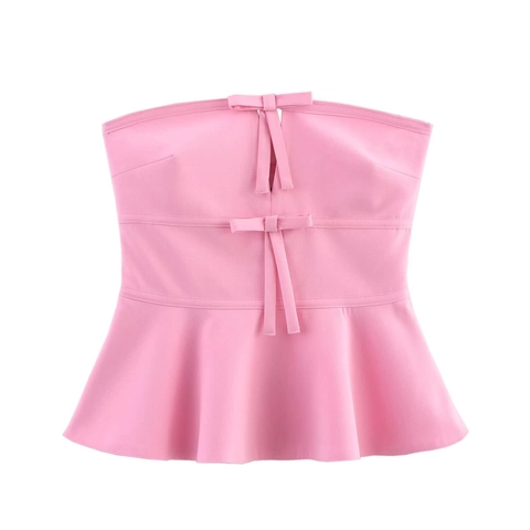 Strapless Tube Top Peplum Zoom Strik Detail Polyester Zoete Elegante Feestblouse Dames