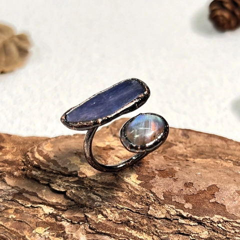 Natural Raw Gemstone Adjustable Open Ring Vintage Copper Irregular Black Tourmaline Kyanite Labradorite Bohemian Jewelry