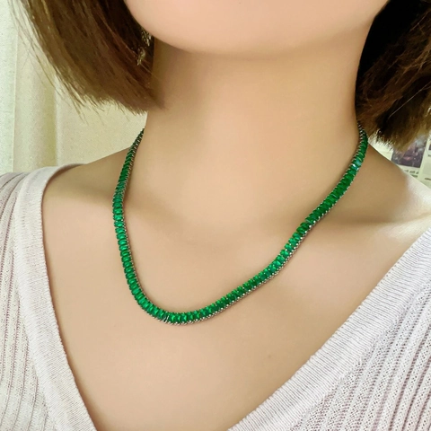Colorful Cubic Zirconia Tennis Necklace Copper Material Rectangular Cut Minimalist Luxury Jewelry Accessories For Women