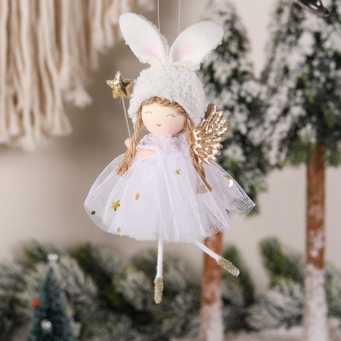 Christmas Angel Rabbit Doll Hanging Ornaments Plush Tulle Star Skirt With Glitter Wings For Holiday Tree Home Decoration