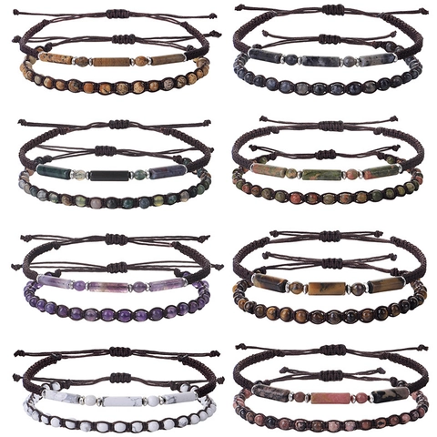 Natural Stone Beaded Bracelets Amethyst Tiger Eye Handmade Woven Braided Adjustable Rope Vintage Boho Jewelry Unisex
