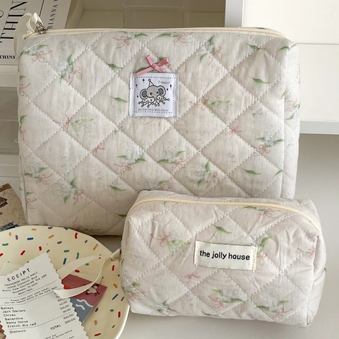 Quilted Floral Elephant Makeup Bag Large Capacity Travel Cosmetic Case Portable Toiletry Organizer Ribbon Handle Bag For Women
