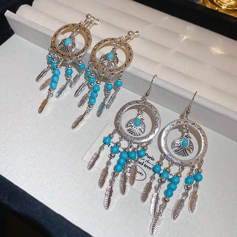 Bohemian Bird Feather Tassel Drop Earrings Alloy Synthetic Turquoise Ethnic Vintage Style For Women