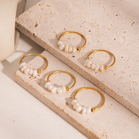 Anillo De Perlas De Agua Dulce Estilo Francés Acero Inoxidable Chapado En Oro Joyas Elegantes Para Mujer
